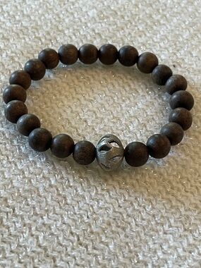 Wood Bead Stretch Bracelet with Silver Accent